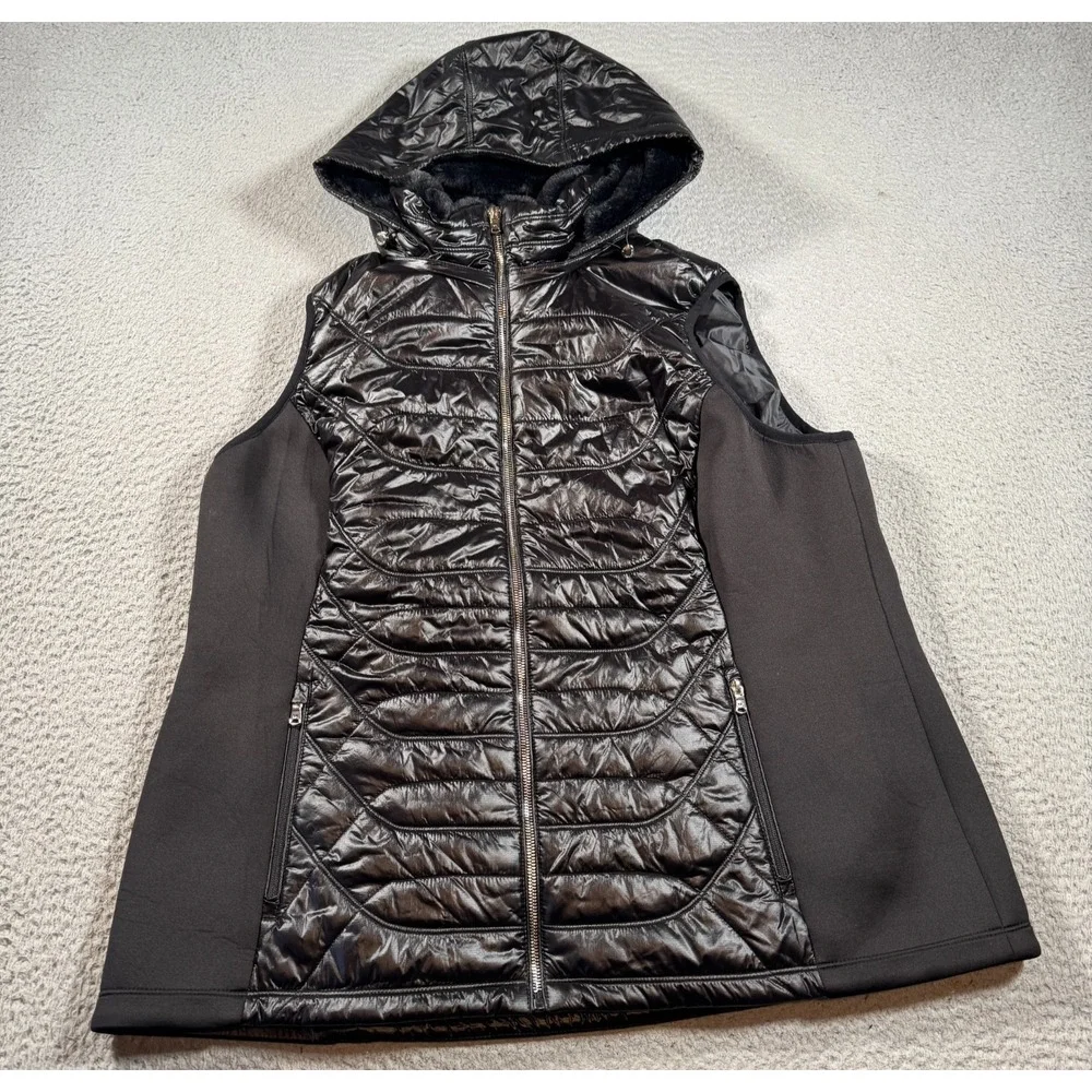 Michael Kors Quilted‎ Puffer Vest Womens Medium Black Removable Hood Full Zip